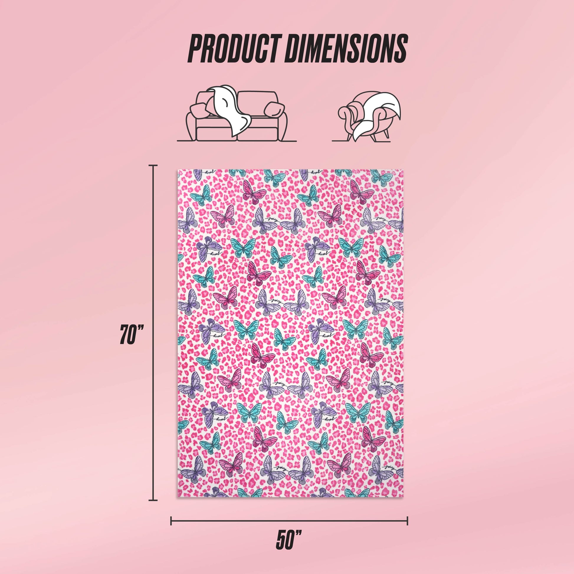 The Kids Plush Throw Blanket by Juicy Couture comes in pink with playful butterfly and heart designs. Measuring 70" x 50", it’s ultra-soft, perfect for kids, as shown draped over a sofa and person. Text displays: Product Dimensions.