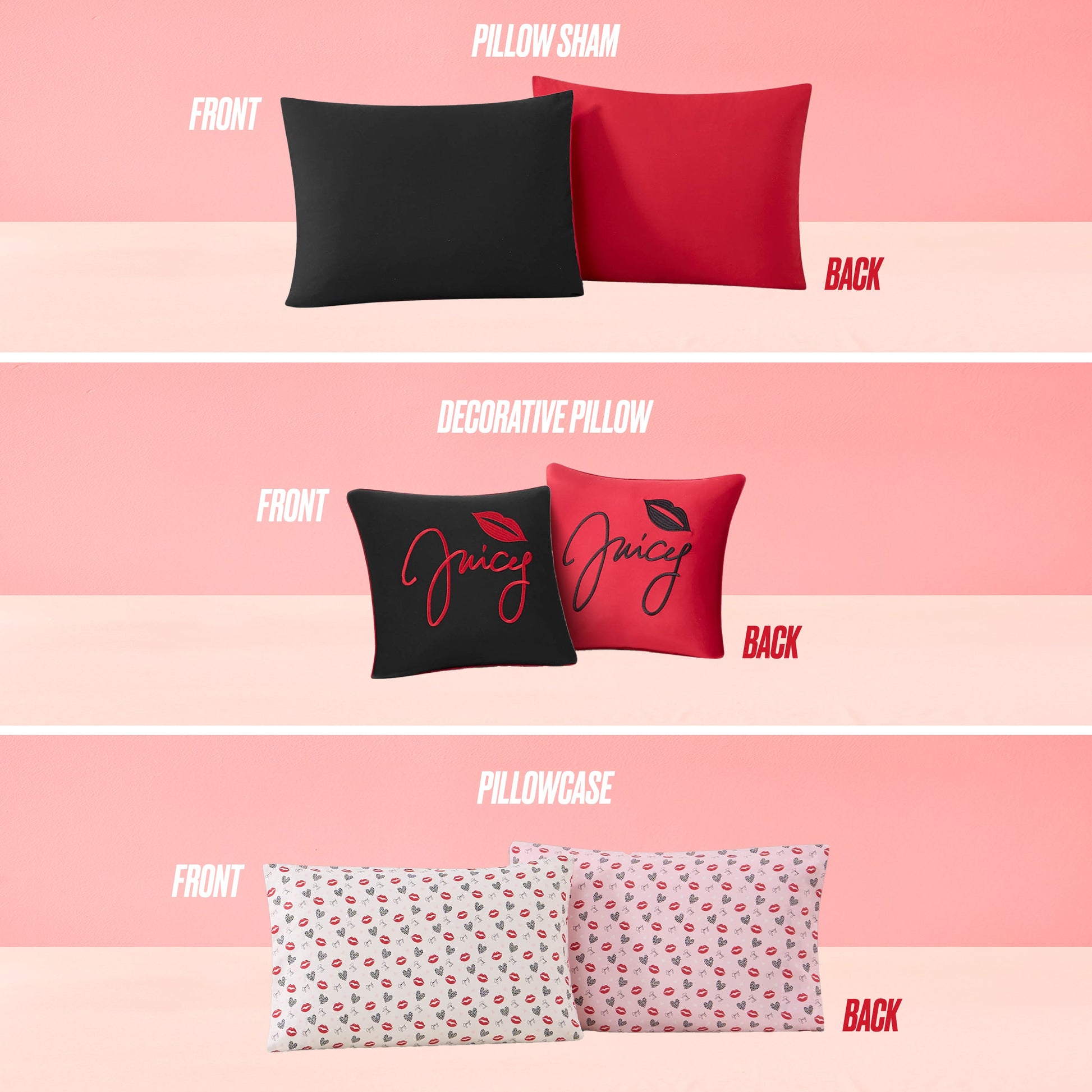 Three images showcase bedding: black and red pillow shams, Glam Girl Solid Reversible Bed in a Bag decorative pillows, and pillowcases with a pink and red lips and hearts pattern—all perfect for all-season bedding.