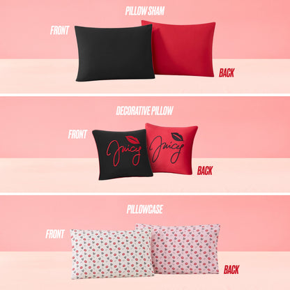 Three images showcase bedding: black and red pillow shams, Glam Girl Solid Reversible Bed in a Bag decorative pillows, and pillowcases with a pink and red lips and hearts pattern—all perfect for all-season bedding.