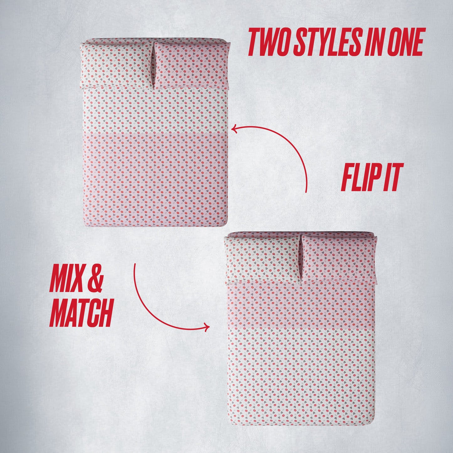 Two images of the Glam Girl Solid Reversible Bed in a Bag Bedding Set: one side shown, then flipped for a new look. Bold text reads TWO STYLES IN ONE, FLIP IT, and MIX & MATCH—perfect all-season reversible bedding.