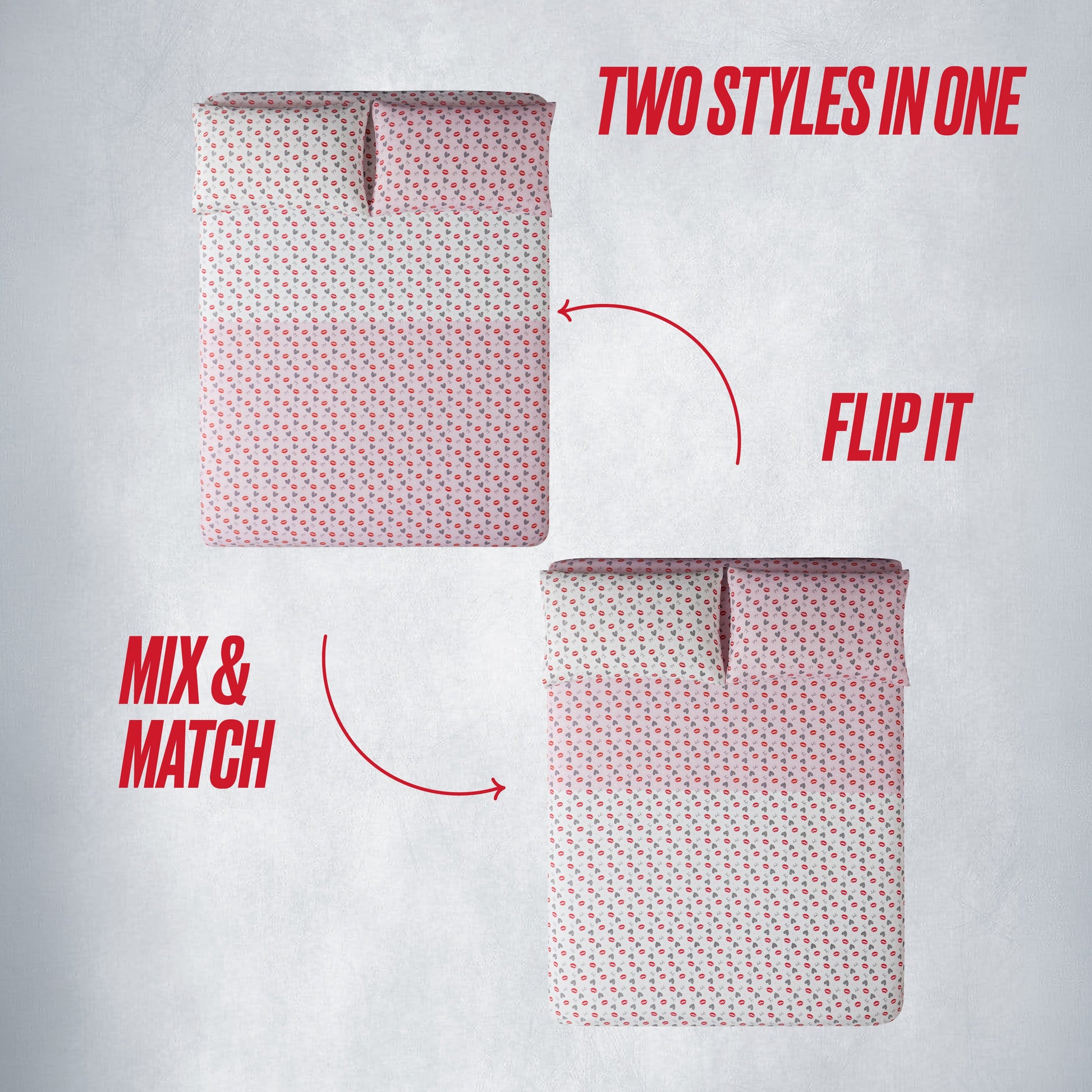Two images of the Glam Girl Solid Reversible Bed in a Bag Bedding Set: one side shown, then flipped for a new look. Bold text reads TWO STYLES IN ONE, FLIP IT, and MIX & MATCH—perfect all-season reversible bedding.