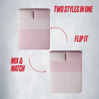 Two images of the Glam Girl Solid Reversible Bed in a Bag Bedding Set: one side shown, then flipped for a new look. Bold text reads TWO STYLES IN ONE, FLIP IT, and MIX & MATCH—perfect all-season reversible bedding.