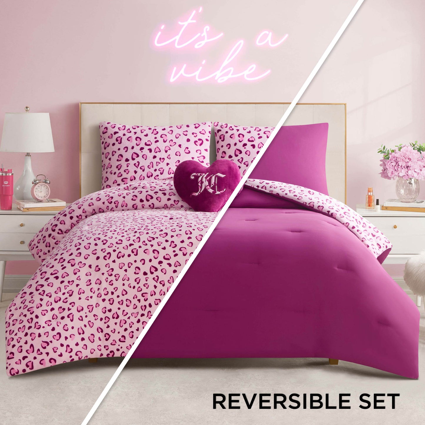 A split-bedroom image features the Plush Reversible Leopard Hearts Comforter Set: one side pink leopard print, the other solid magenta, with pink decor and a neon "it’s a vibe" sign. Bottom text says REVERSIBLE SET.