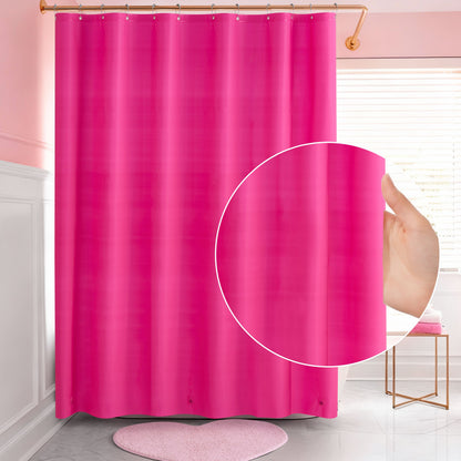 A hand holds a bright pink PEVA Shower Curtain Liner in a bathroom with pink walls, white wainscot, a round pink rug, and a window with white blinds. A circular inset highlights the waterproof liner material up close.