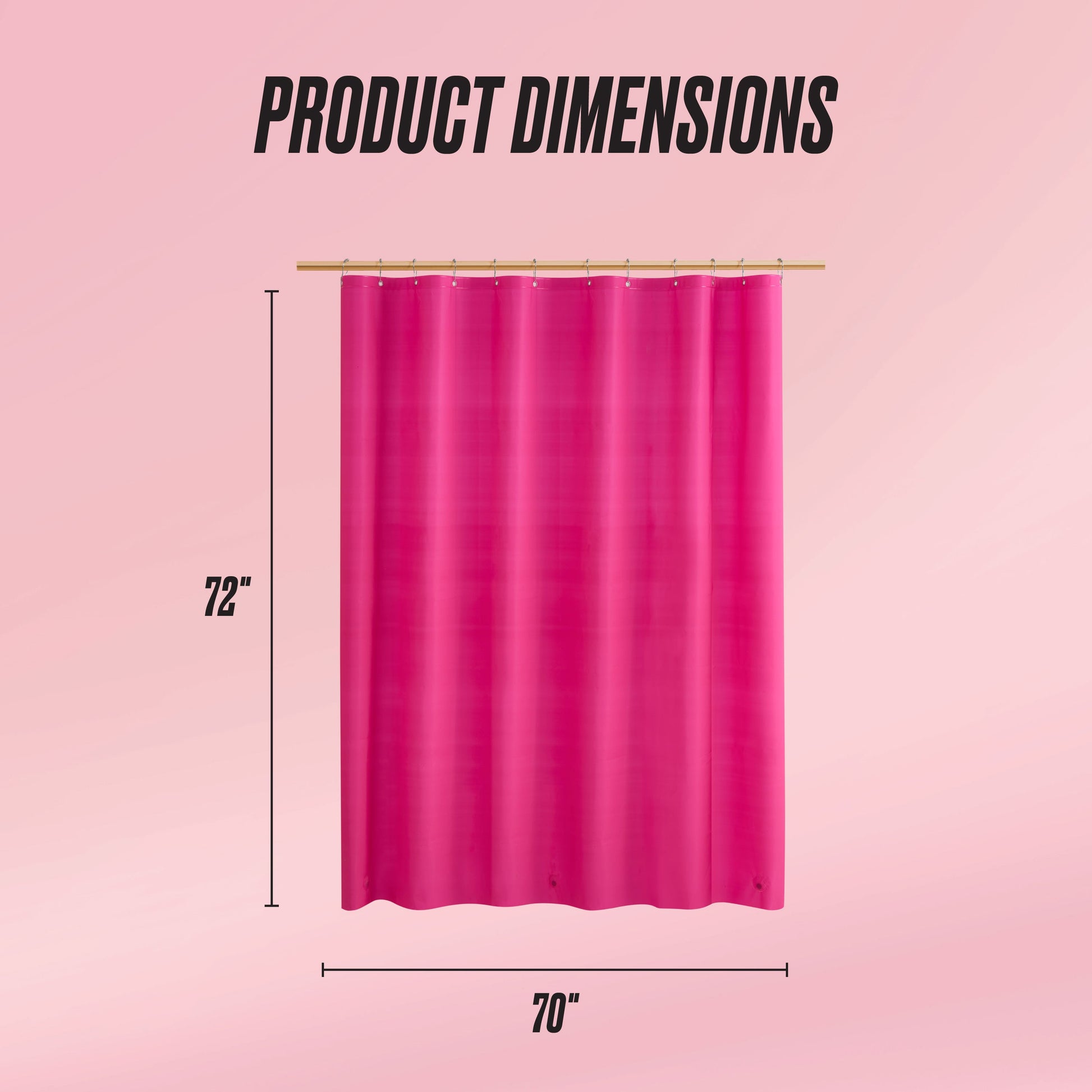 A PEVA Shower Curtain Liner hangs from a rod against a pink background. Text above reads Product Dimensions, with arrows indicating the liner measures 72 inches tall by 70 inches wide.