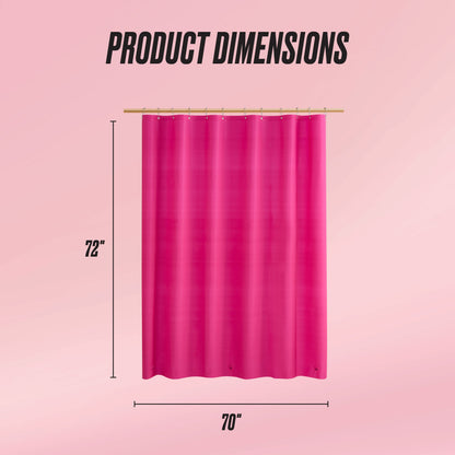 A PEVA Shower Curtain Liner hangs from a rod against a pink background. Text above reads Product Dimensions, with arrows indicating the liner measures 72 inches tall by 70 inches wide.