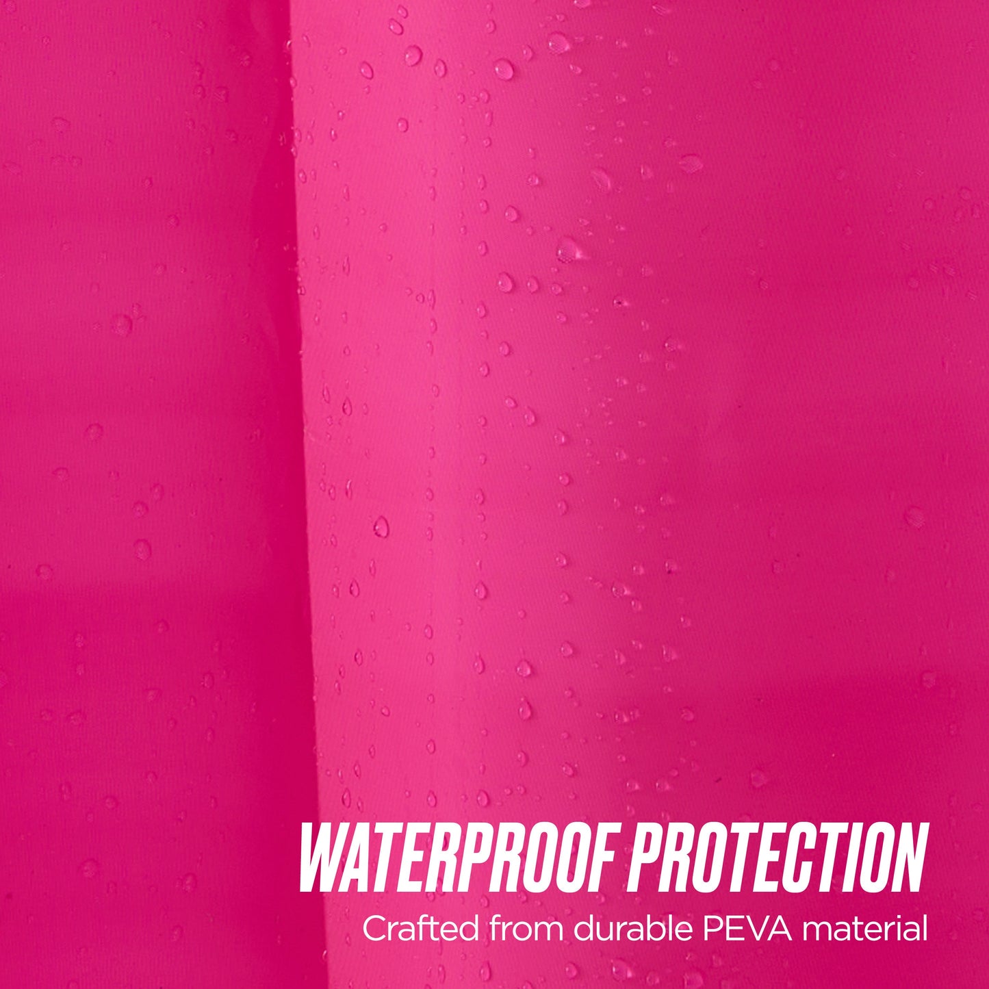 Close-up of a bright pink PEVA Shower Curtain Liner with water droplets, featuring "WATERPROOF PROTECTION" in bold white letters at the bottom right.