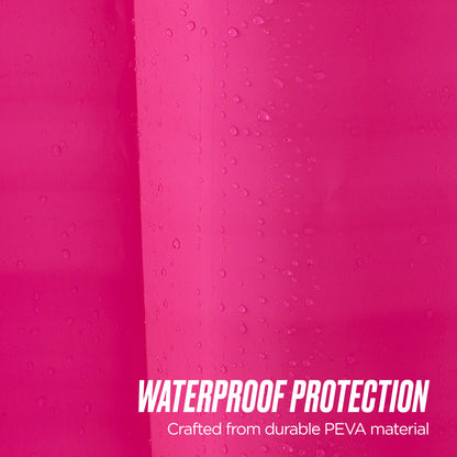 Close-up of a bright pink PEVA Shower Curtain Liner with water droplets, featuring "WATERPROOF PROTECTION" in bold white letters at the bottom right.