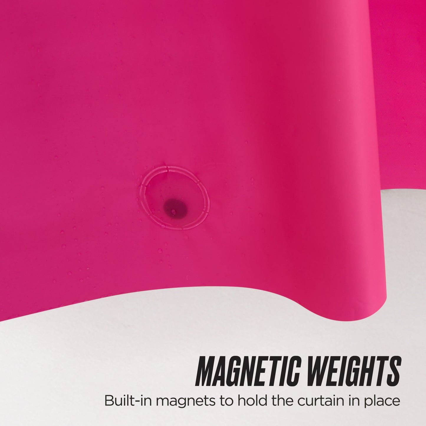 A close-up of a pink PEVA Shower Curtain Liner shows a built-in magnet at the edge. Text on the image reads: MAGNETIC WEIGHTS. Built-in magnets help keep this waterproof PEVA Shower Curtain Liner securely in place.
