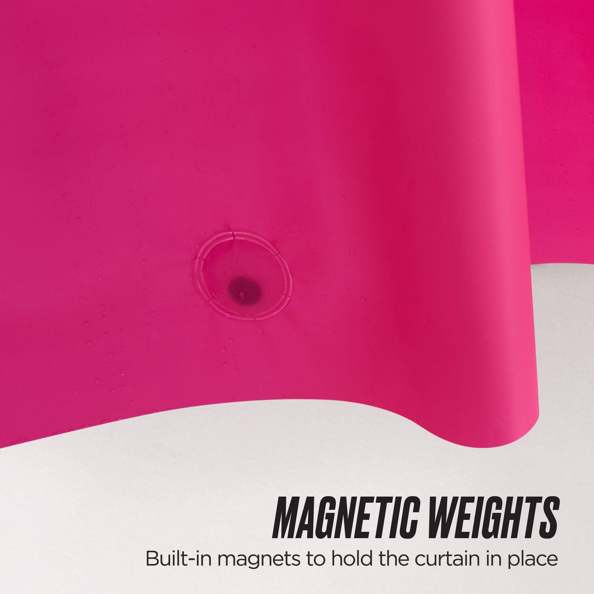 A close-up of a pink PEVA Shower Curtain Liner shows a built-in magnet at the edge. Text on the image reads: MAGNETIC WEIGHTS. Built-in magnets help keep this waterproof PEVA Shower Curtain Liner securely in place.