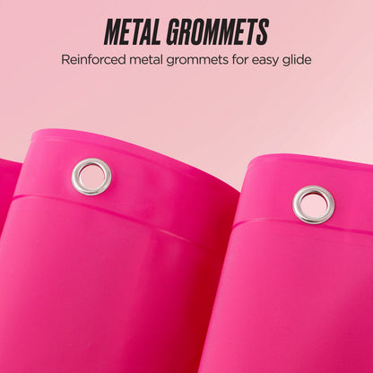 Close-up of a bright pink PEVA Shower Curtain Liner featuring reinforced silver metal grommets at the top, with text above reading METAL GROMMETS and Reinforced metal grommets for easy glide.