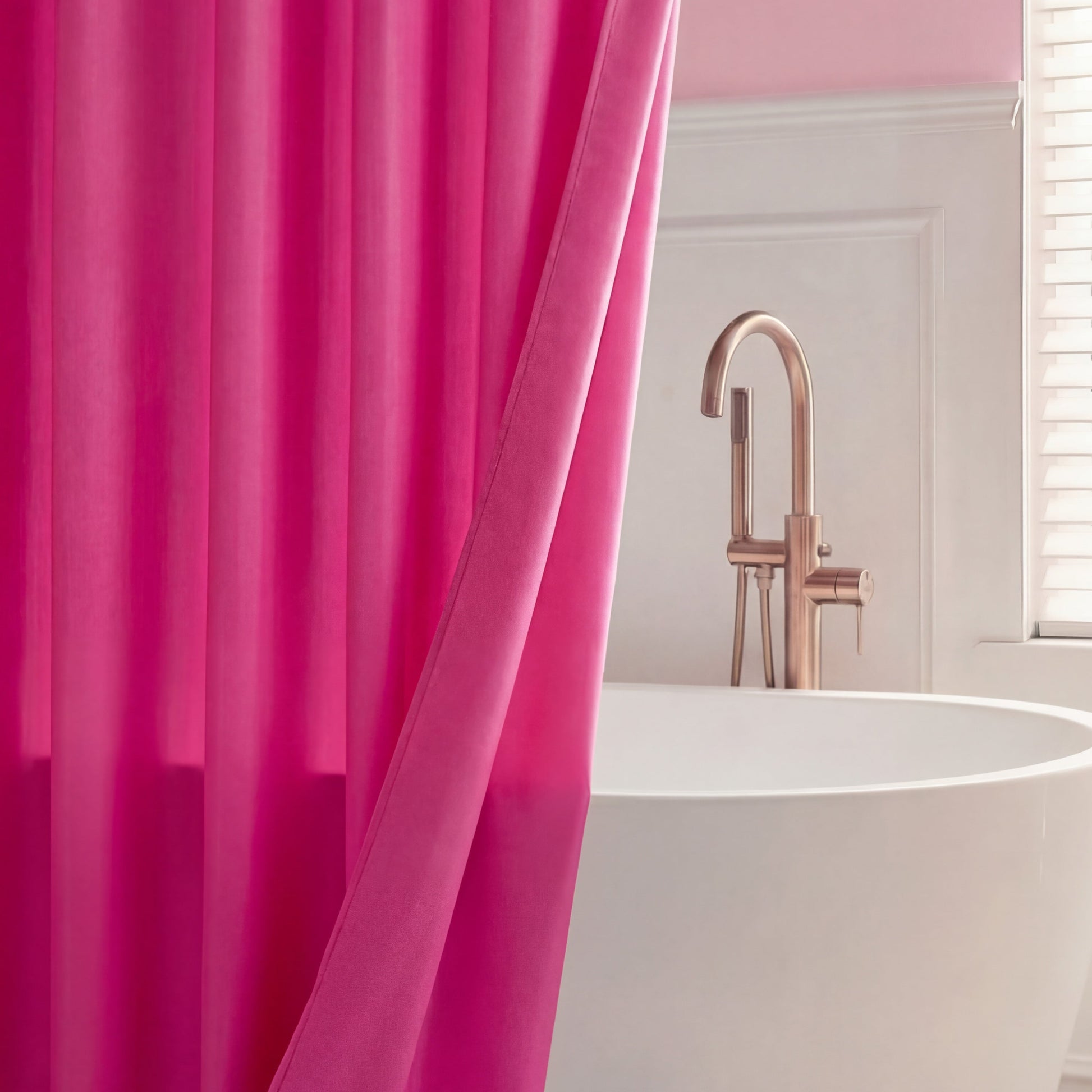 A modern bathroom features a bright pink PEVA Shower Curtain Liner partially covering a white bathtub. Behind the tub are a gold faucet, white wall paneling, and a window with white blinds.
