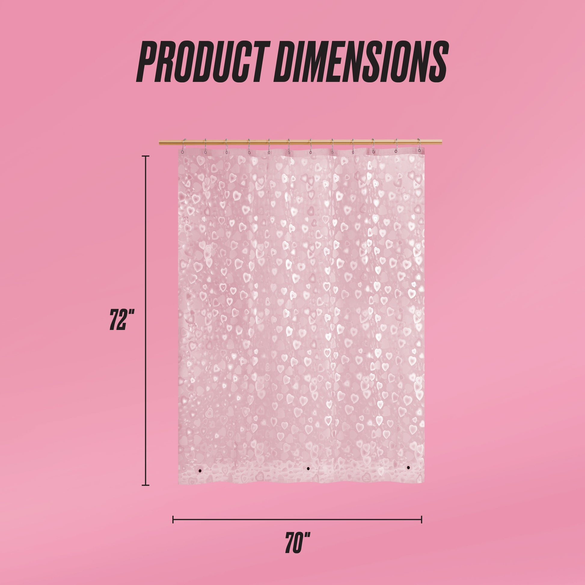 The PEVA Shower Curtain Liner in pink, featuring white heart patterns, hangs from a rod against a pink background and measures 72 inches tall by 70 inches wide, highlighting its stylish, waterproof design under “Product Dimensions.”.