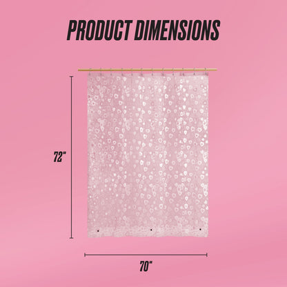 The PEVA Shower Curtain Liner in pink, featuring white heart patterns, hangs from a rod against a pink background and measures 72 inches tall by 70 inches wide, highlighting its stylish, waterproof design under “Product Dimensions.”.