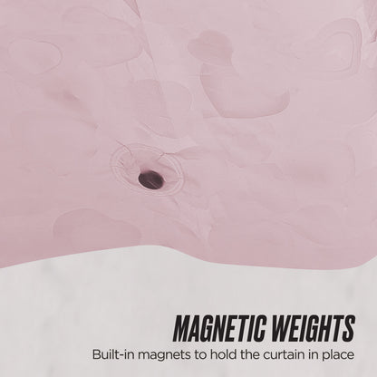 Close-up of a pink PEVA Shower Curtain Liner with a magnet weight at the bottom. Text reads: MAGNETIC WEIGHTS—Built-in magnets keep this waterproof shower curtain liner securely in place.