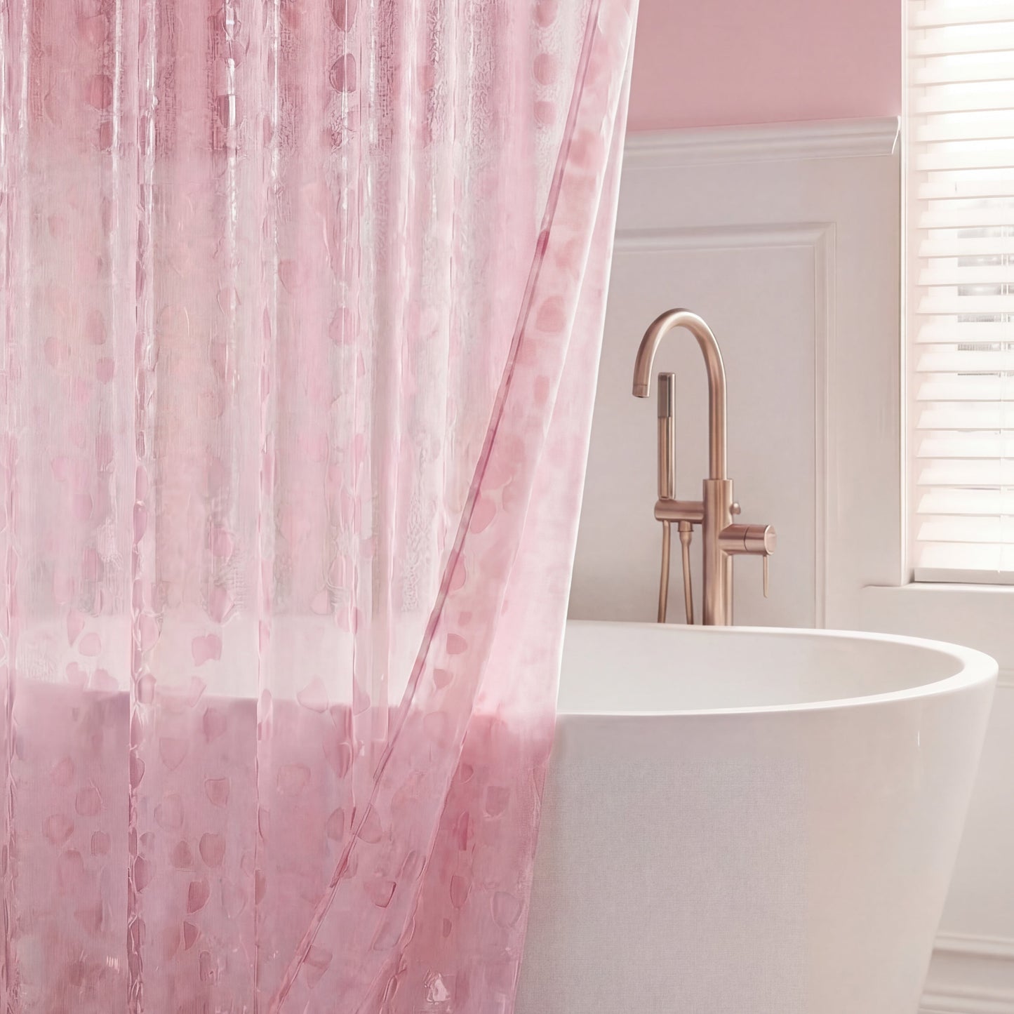 A white bathtub with a gold faucet sits behind a sheer pink PEVA Shower Curtain Liner in a softly lit bathroom with light pink walls and a window with white blinds.