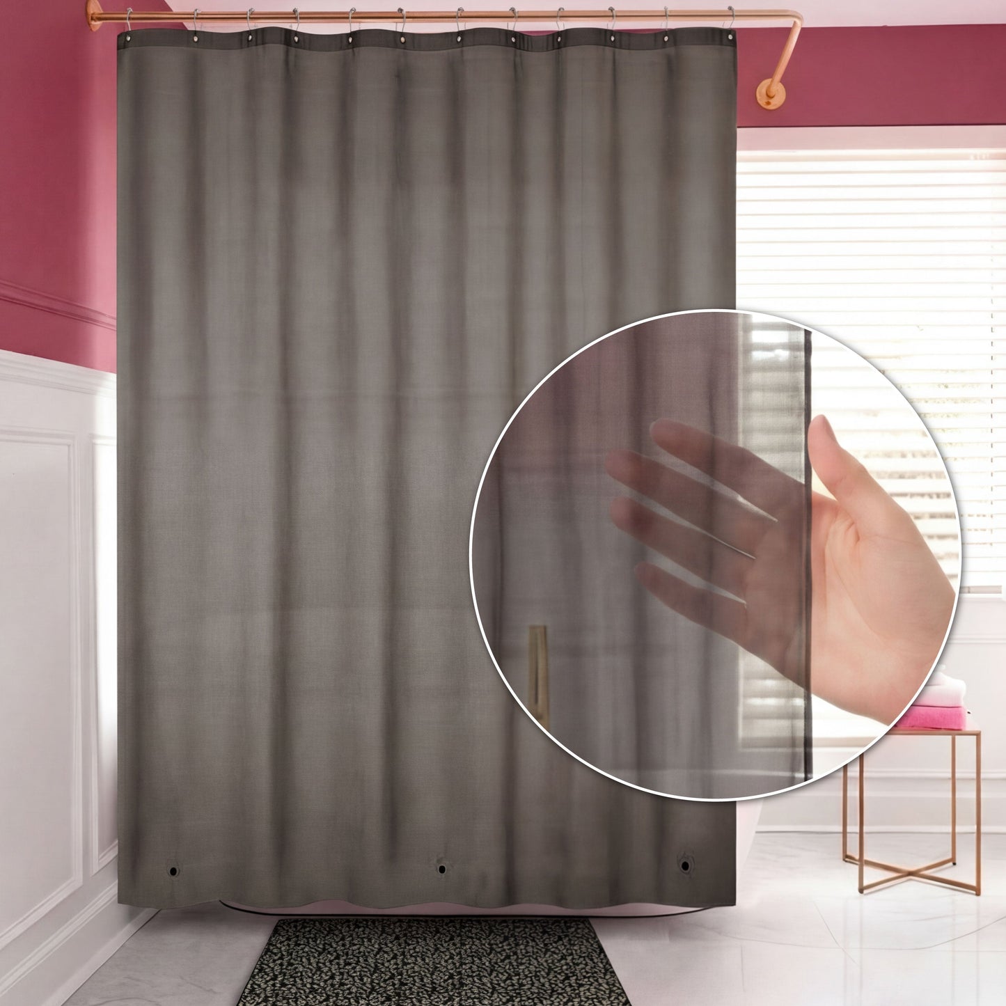 The PEVA Shower Curtain Liner hangs in a bathroom with red and white walls. A circular inset reveals a hand behind the translucent, see-through liner, emphasizing its waterproof design.