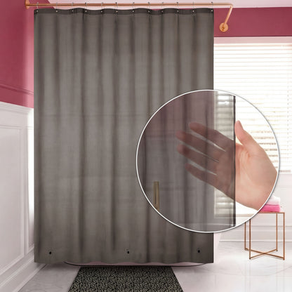The PEVA Shower Curtain Liner hangs in a bathroom with red and white walls. A circular inset reveals a hand behind the translucent, see-through liner, emphasizing its waterproof design.