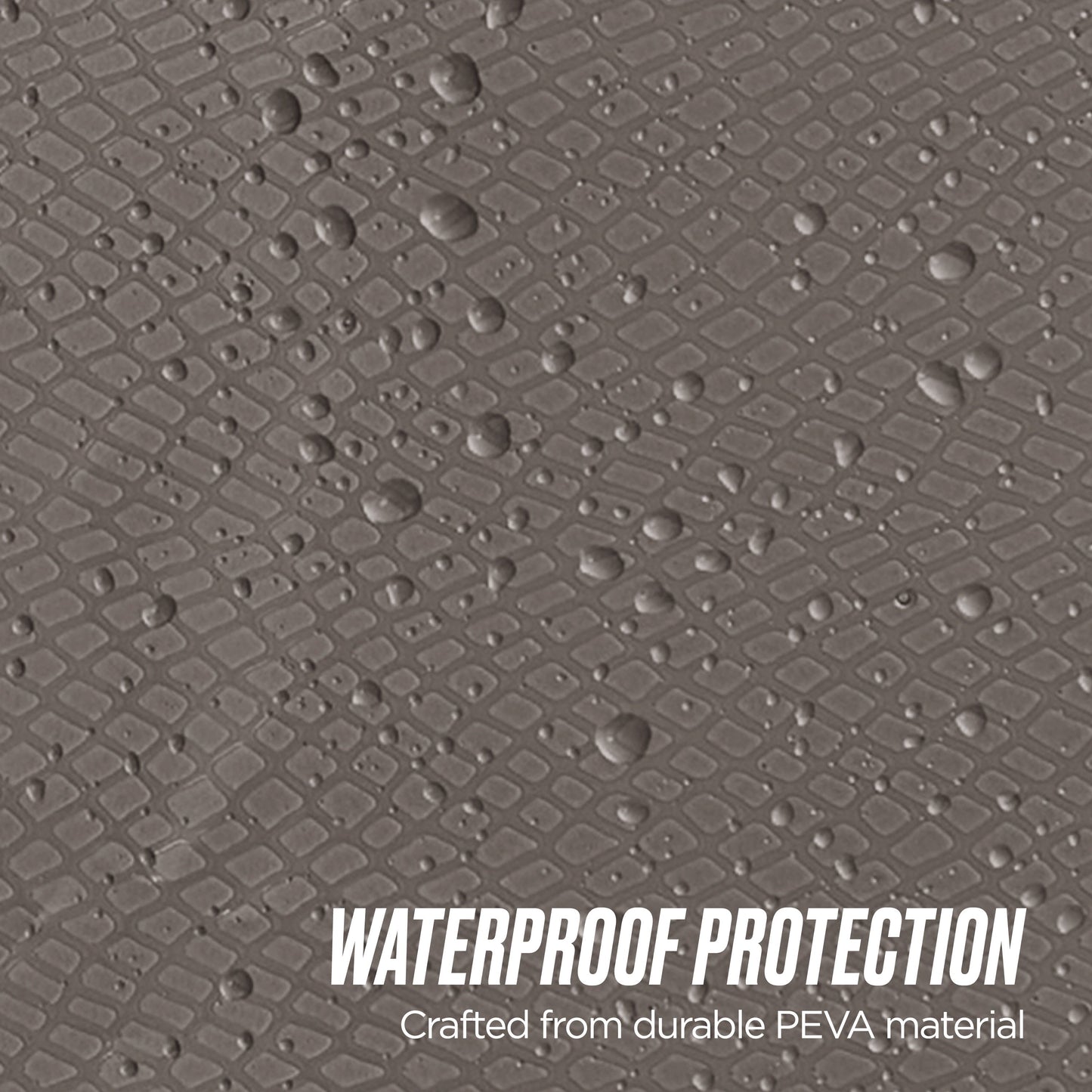 Close-up of a textured, gray surface with water droplets. White text at the bottom reads, “WATERPROOF PROTECTION. Crafted from durable PEVA Shower Curtain Liner material.”.