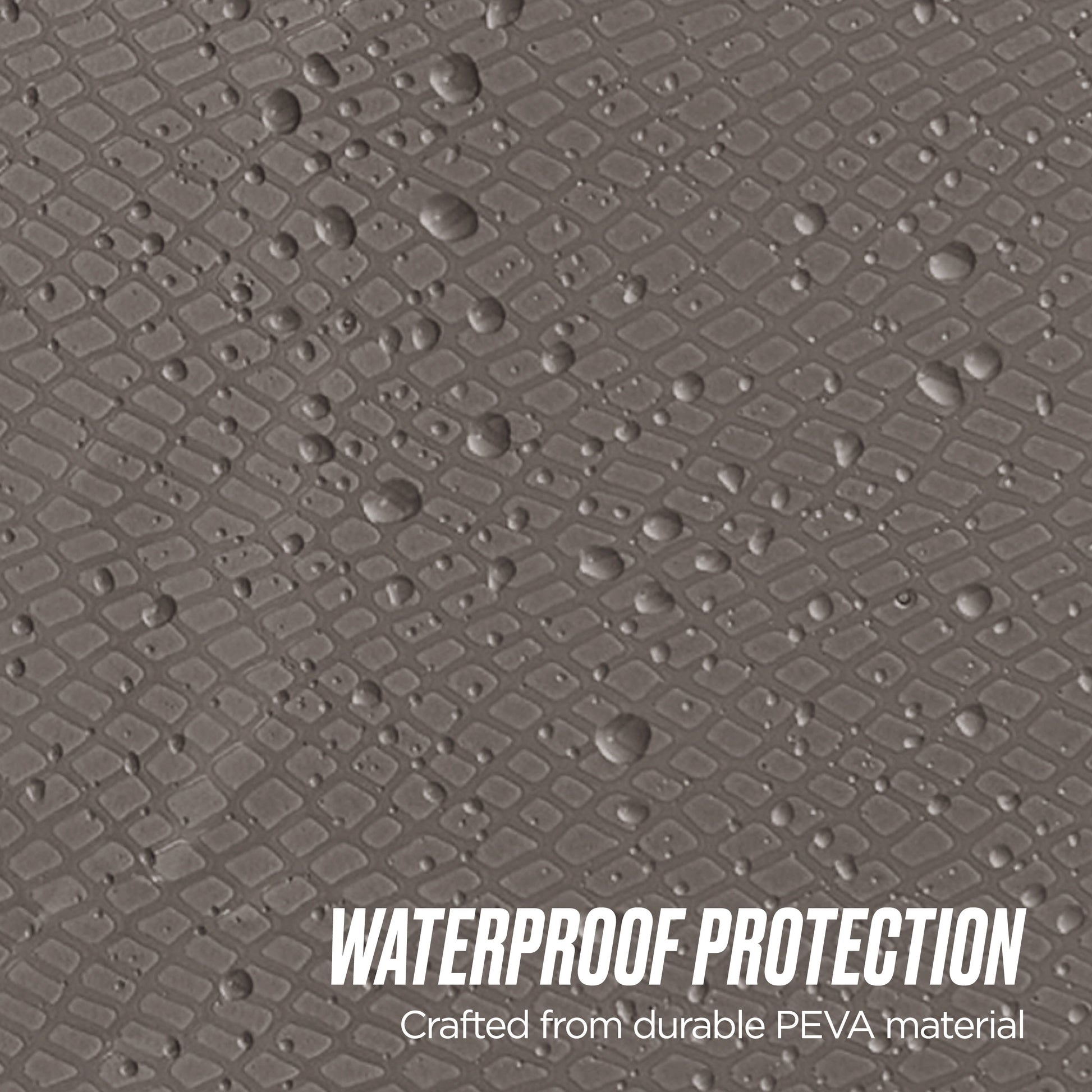 Close-up of a textured, gray surface with water droplets. White text at the bottom reads, “WATERPROOF PROTECTION. Crafted from durable PEVA Shower Curtain Liner material.”.