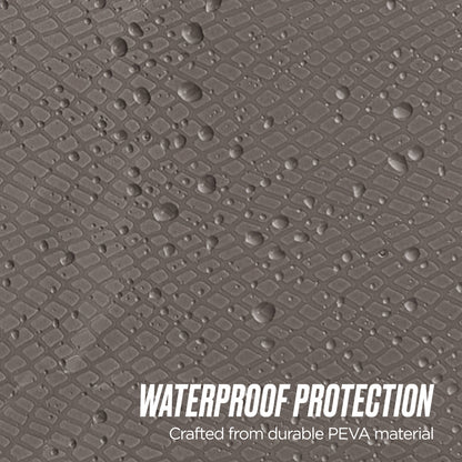 Close-up of a textured, gray surface with water droplets. White text at the bottom reads, “WATERPROOF PROTECTION. Crafted from durable PEVA Shower Curtain Liner material.”.