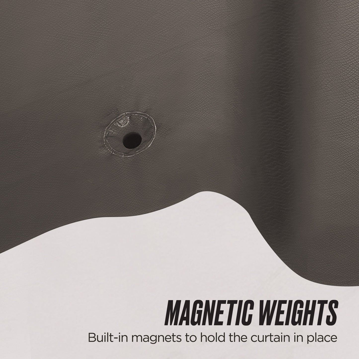 Close-up of the PEVA Shower Curtain Liner, featuring a dark, waterproof material with metal ring and stitched hole. Built-in magnetic weights keep the curtain in place. Text reads "MAGNETIC WEIGHTS" on a white background.