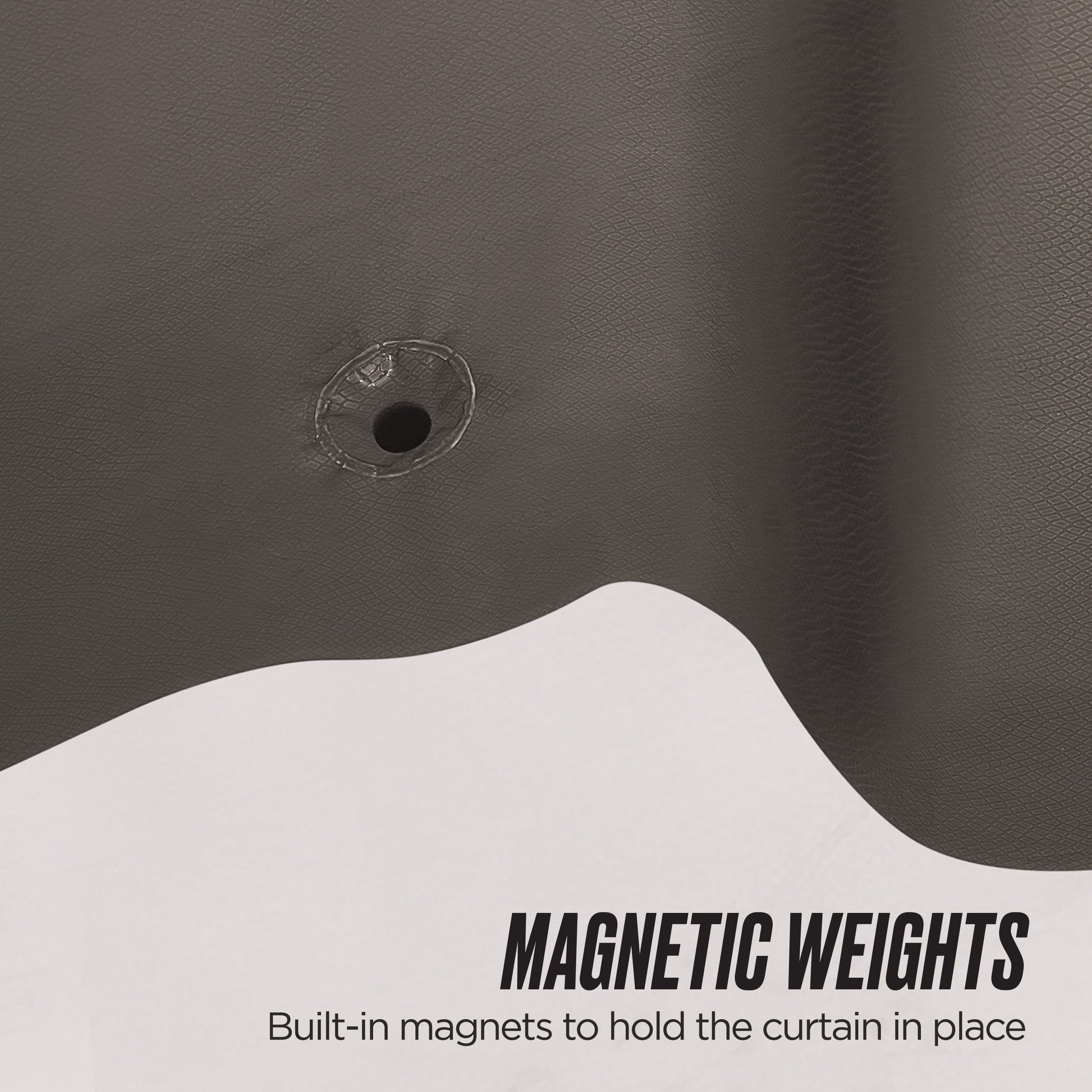 Close-up of the PEVA Shower Curtain Liner, featuring a dark, waterproof material with metal ring and stitched hole. Built-in magnetic weights keep the curtain in place. Text reads "MAGNETIC WEIGHTS" on a white background.