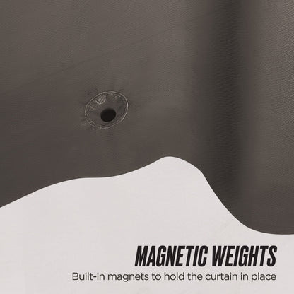 Close-up of the PEVA Shower Curtain Liner, featuring a dark, waterproof material with metal ring and stitched hole. Built-in magnetic weights keep the curtain in place. Text reads "MAGNETIC WEIGHTS" on a white background.
