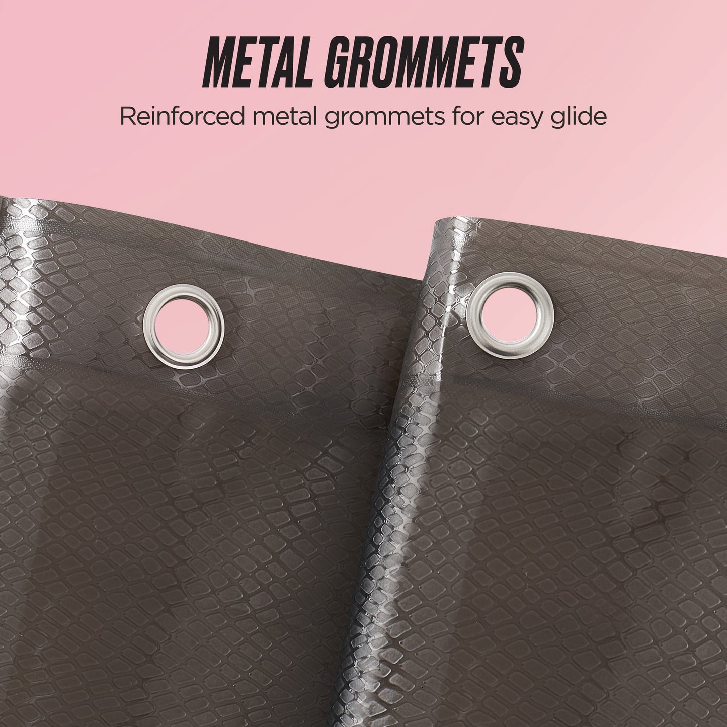 Two gray PEVA Shower Curtain Liners with a snakeskin texture and reinforced metal grommets, shown on a pink background. Waterproof design offers stylish protection and function for any bathroom.