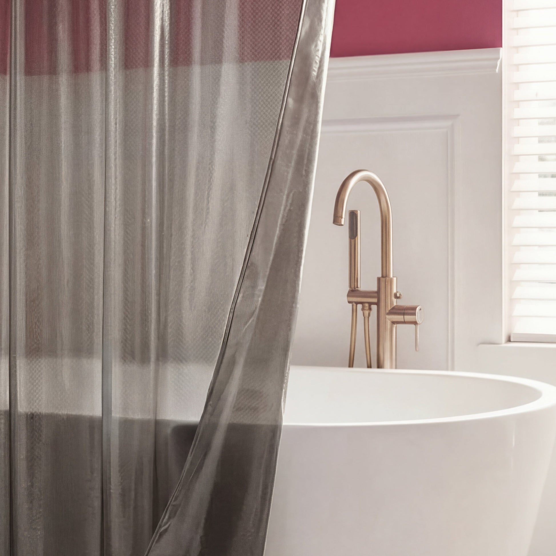 A modern bathroom with a white freestanding tub, brushed gold faucet, PEVA Shower Curtain Liner, and a pink accent wall featuring white wainscoting and window blinds.