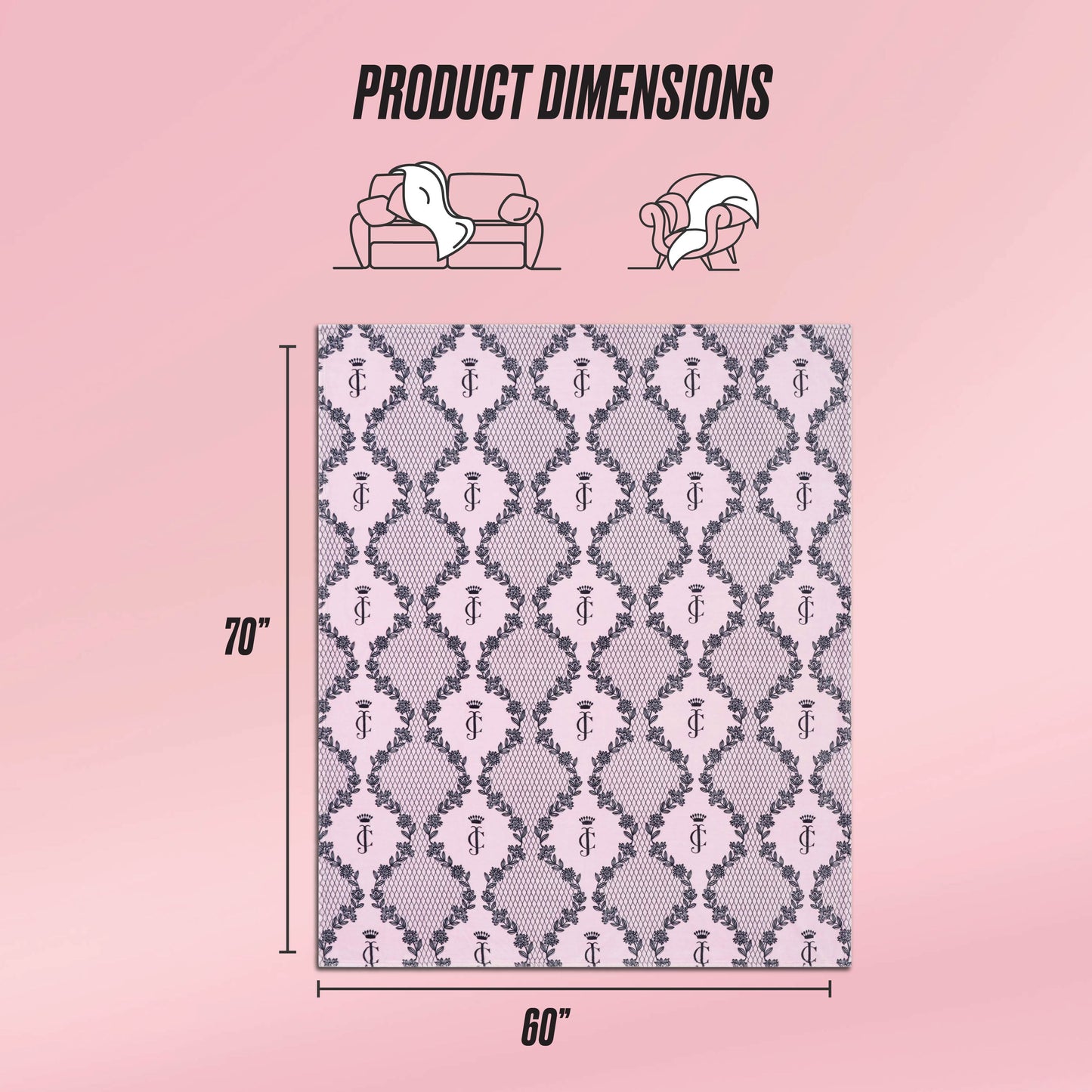 A Plush Oversized Throw Blanket by Juicy Couture, pink with floral and monogram patterns, is shown draped over a sofa and person. Icons highlight its 70" x 60" size. Text notes Product Dimensions.