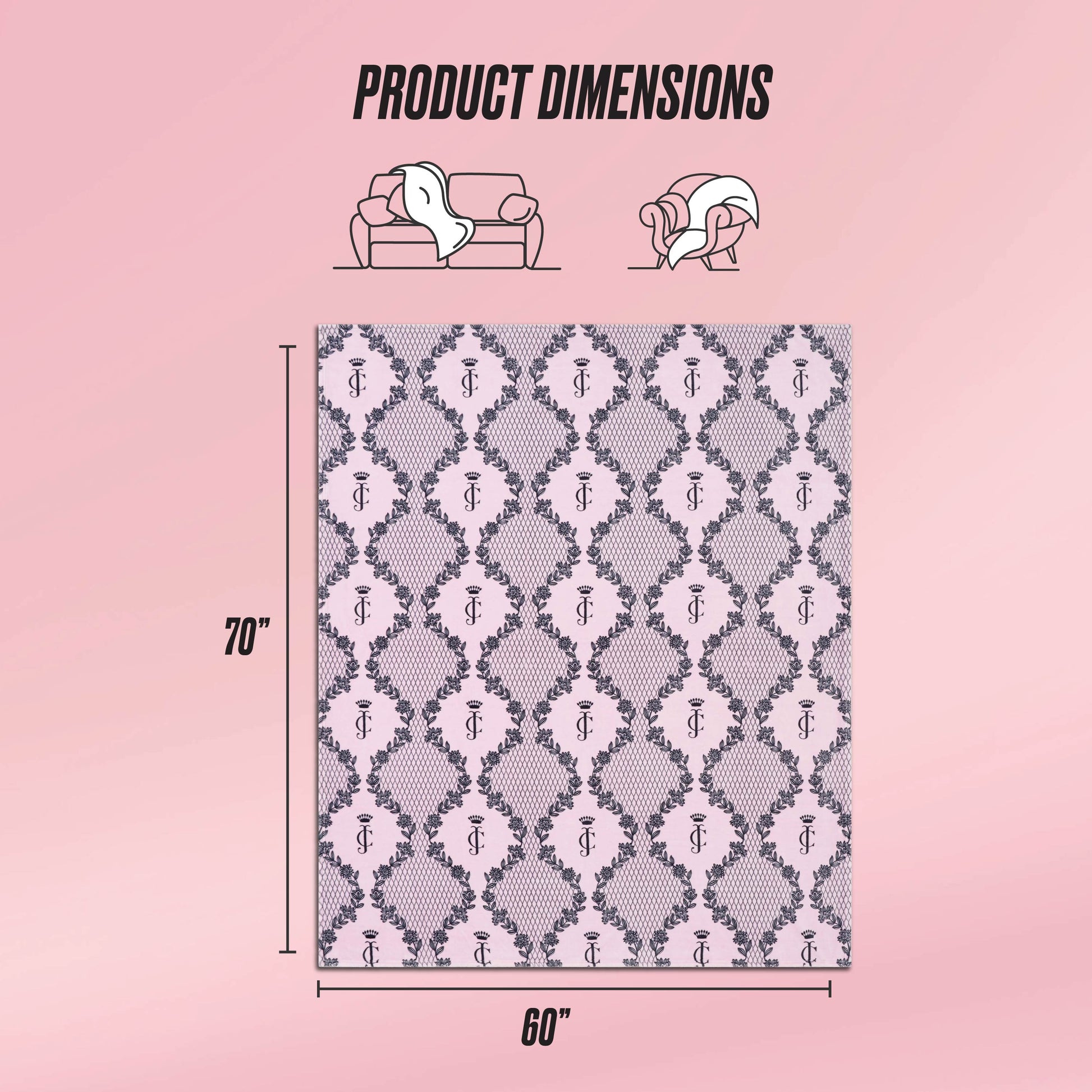 A Plush Oversized Throw Blanket by Juicy Couture, pink with floral and monogram patterns, is shown draped over a sofa and person. Icons highlight its 70" x 60" size. Text notes Product Dimensions.