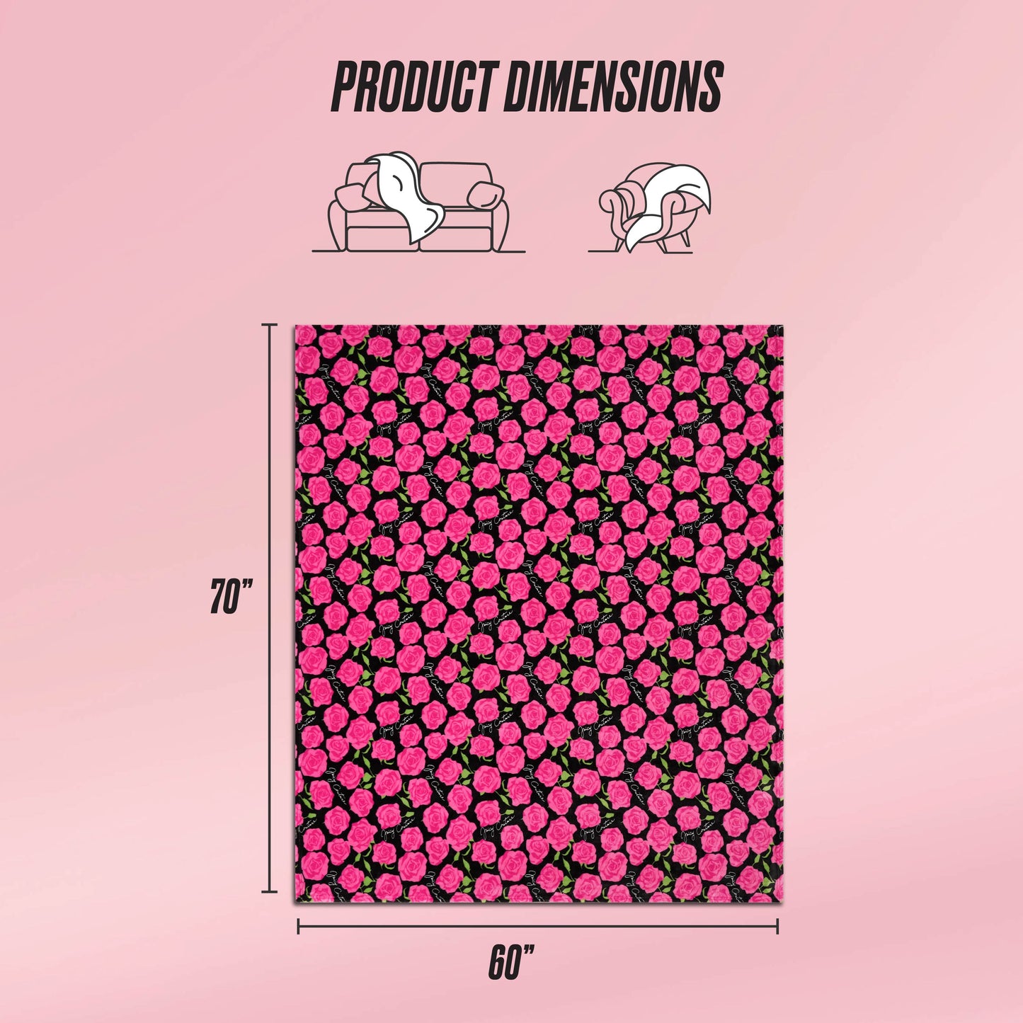 The Plush Oversized Throw Blanket features a pink rose pattern on a black background and measures 70 by 60 inches. Ultra-soft and stylish, it's perfect for draping over your sofa or using as a cozy plush throw.