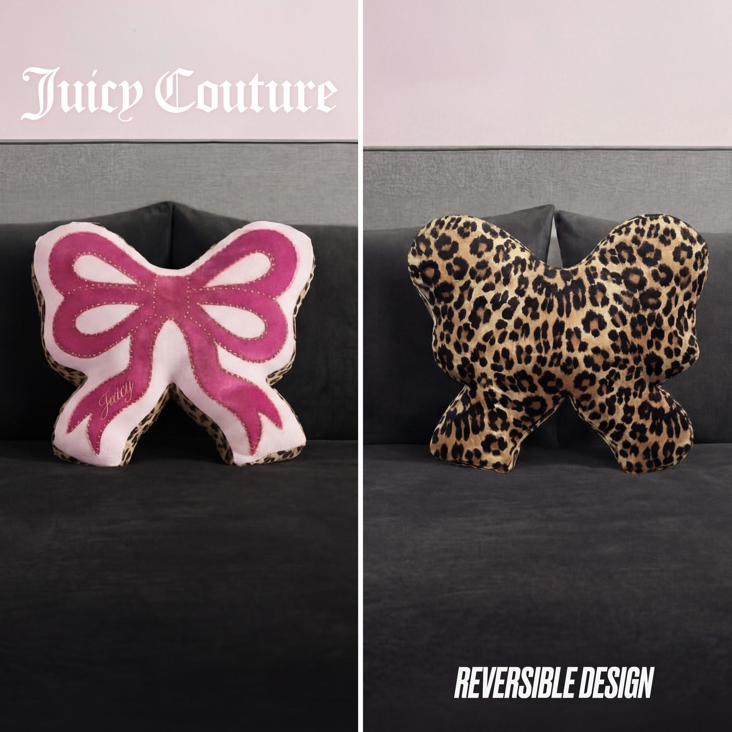 A Reversible Bow Decorative Pillow by Juicy Couture sits on a couch. One side shows a pink bow and Juicy text, while the reverse features a chic leopard print. Text reads "Juicy Couture" and "Reversible Design.