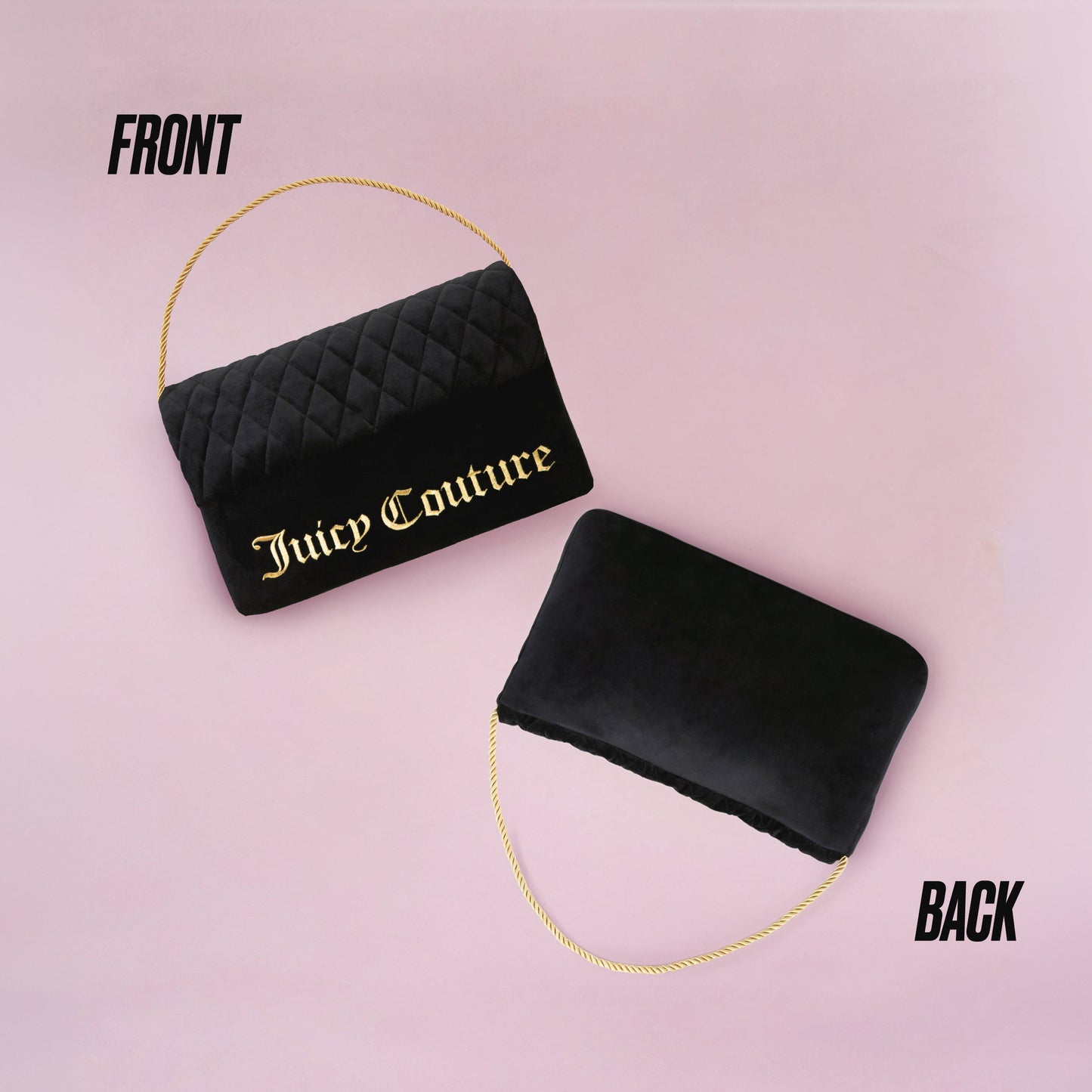 The Purse Decorative Pillow is shown on a pink background. The front features a quilted black design with gold Juicy Couture lettering and chain strap, while the plain velvet back resembles a chic purse. FRONT and BACK are labeled.