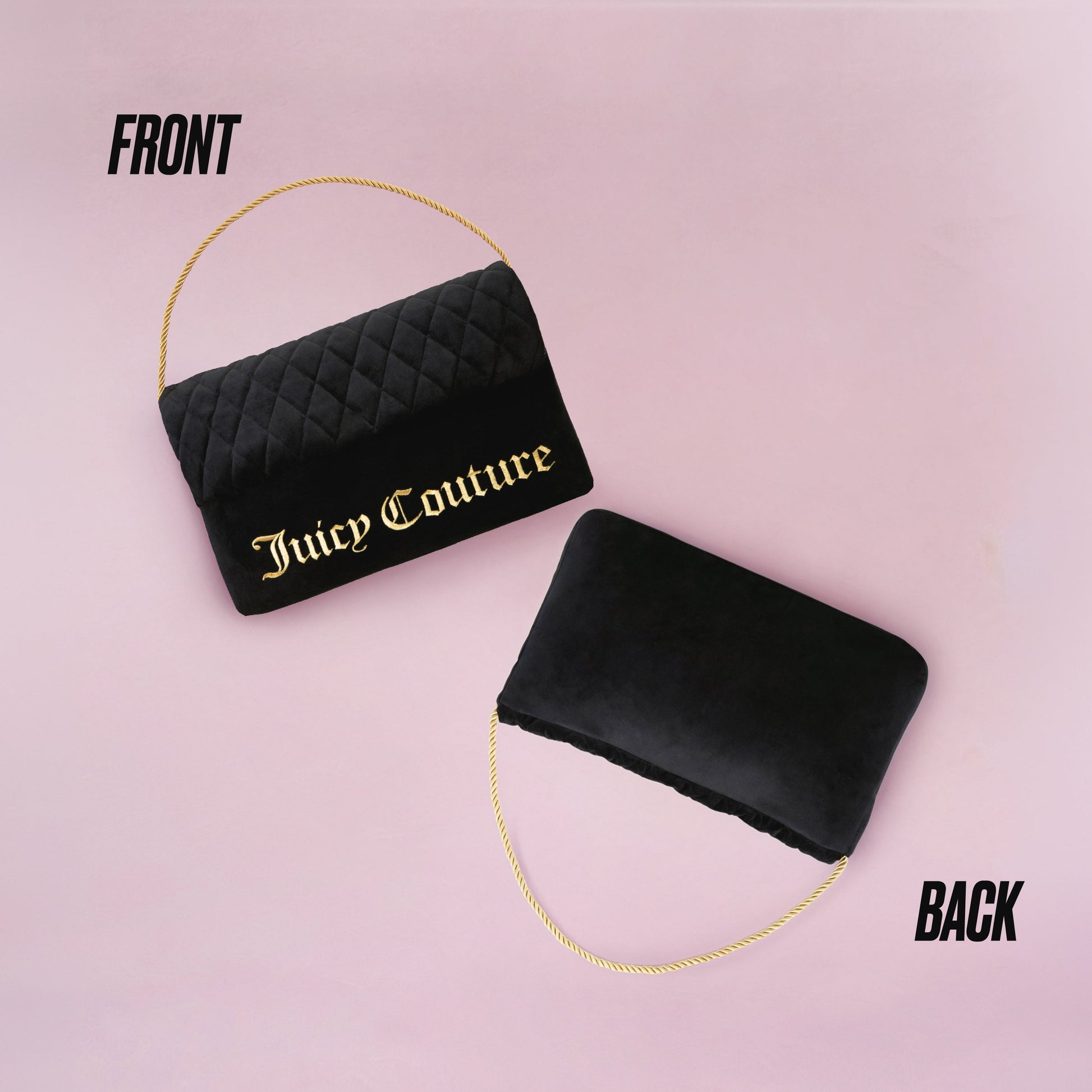 The Purse Decorative Pillow is shown on a pink background. The front features a quilted black design with gold Juicy Couture lettering and chain strap, while the plain velvet back resembles a chic purse. FRONT and BACK are labeled.