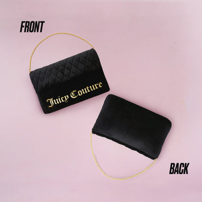 The Purse Decorative Pillow is shown on a pink background. The front features a quilted black design with gold Juicy Couture lettering and chain strap, while the plain velvet back resembles a chic purse. FRONT and BACK are labeled.