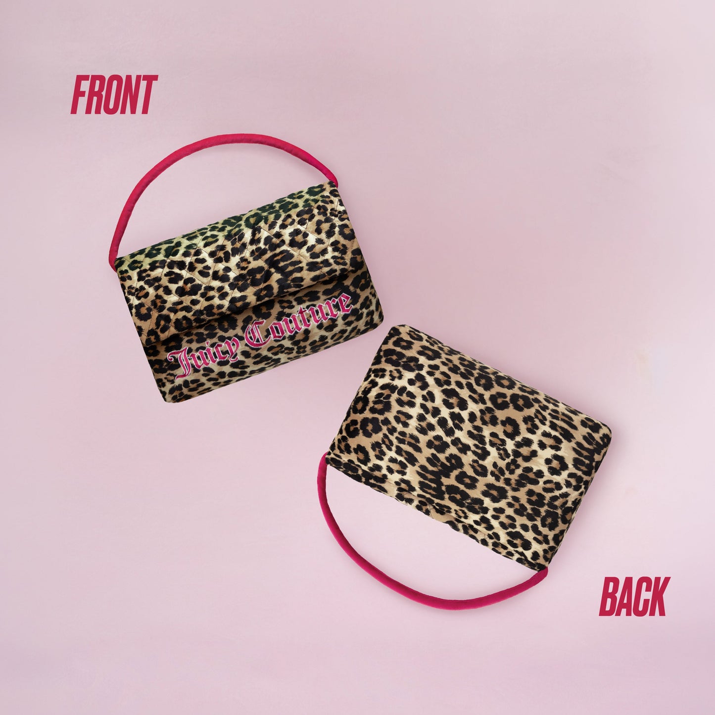 Two leopard print Purse Decorative Pillows with pink handles rest on a pink background. The front pillow features "Juicy Couture" in pink text, while the back highlights only the print—a stylish decorative accent.