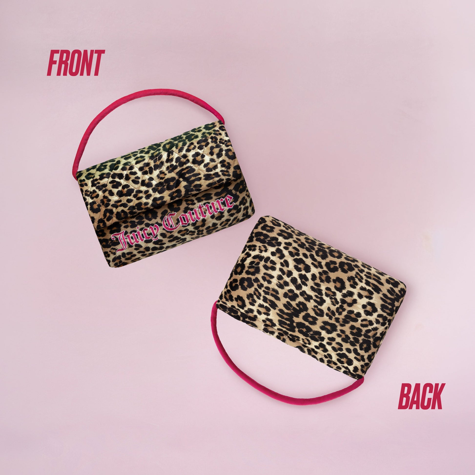 Two leopard print Purse Decorative Pillows with pink handles rest on a pink background. The front pillow features "Juicy Couture" in pink text, while the back highlights only the print—a stylish decorative accent.