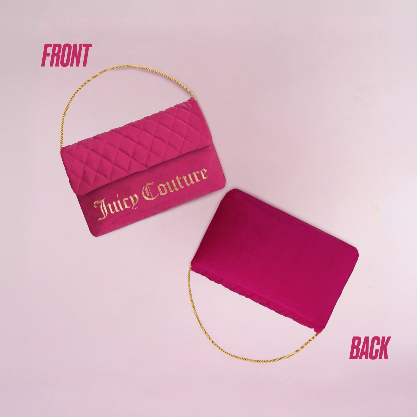 Two pink Juicy Couture handbags with gold chains sit on a pale pink background, each propped by a Purse Decorative Pillow for added style. The left bag displays the gold Juicy Couture logo; FRONT and BACK labels identify each side.