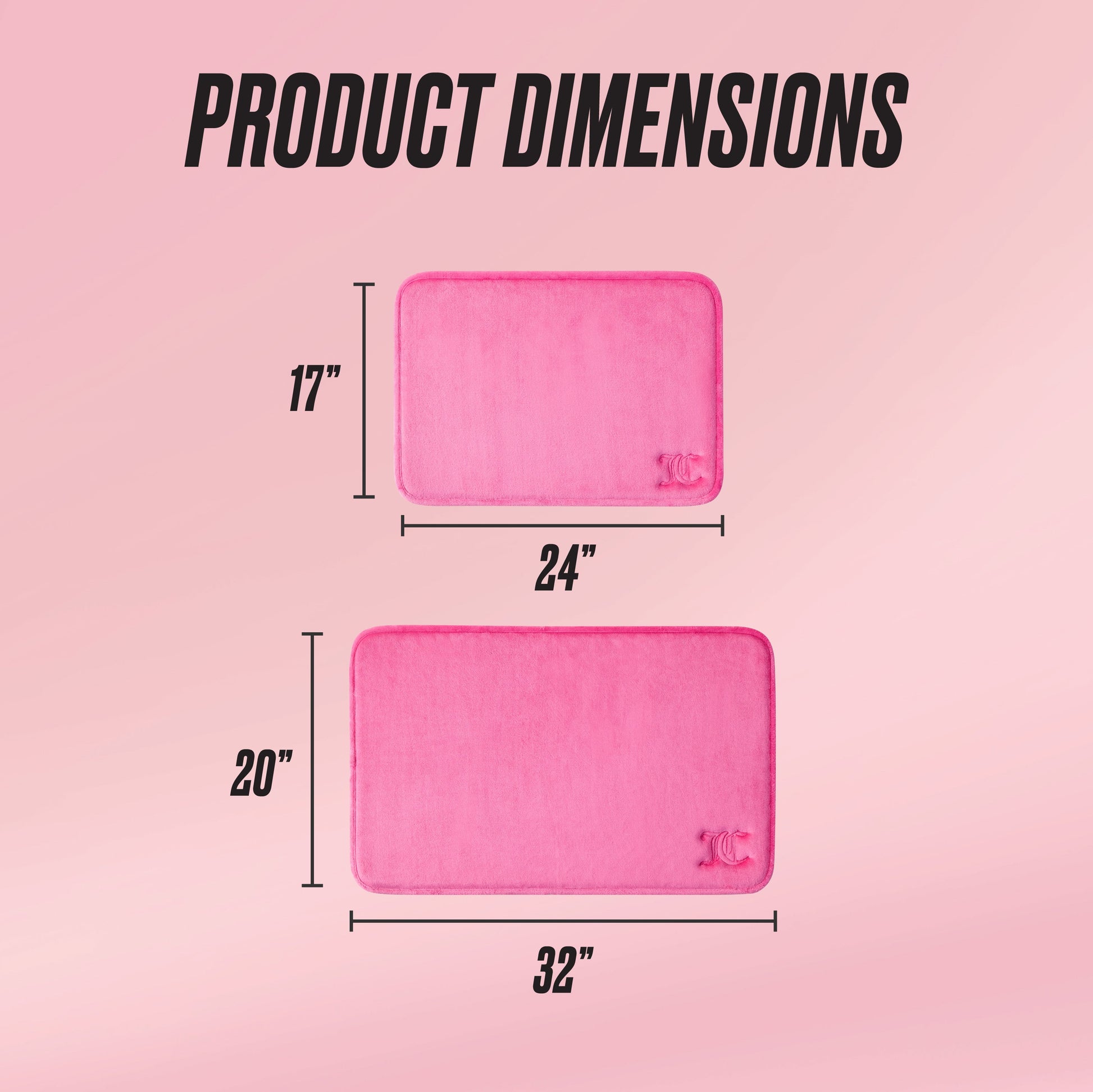 The Quilted Memory Foam Bath Mat 2-Piece Set includes two pink rectangular mats: one 17"x24" and one 20"x32". The background is pink with "Product Dimensions" displayed at the top.