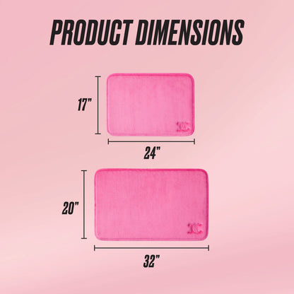 The Quilted Memory Foam Bath Mat 2-Piece Set includes two pink rectangular mats: one 17"x24" and one 20"x32". The background is pink with "Product Dimensions" displayed at the top.