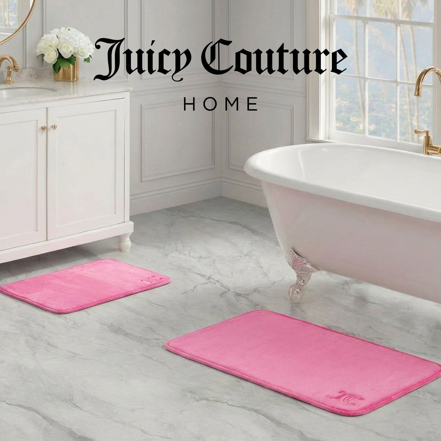 A luxurious bathroom with a white bathtub, marble floors, gold fixtures, and two pink Quilted Memory Foam Bath Mats. The Juicy Couture Home logo is displayed at the top of the image.