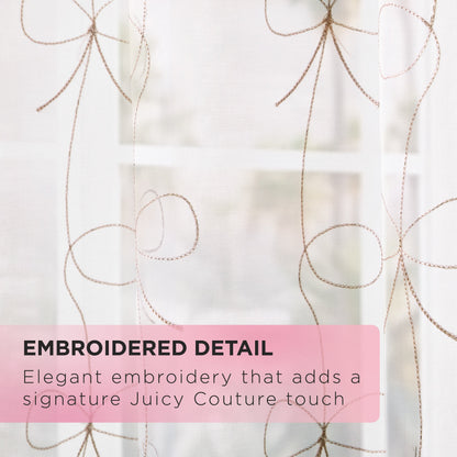Vertical Bow Ribbon Sheer Window Curtains in white feature light brown, looping embroidered lines. EMBROIDERED DETAIL: Elegant embroidery delivers a signature Juicy Couture touch to these stylish sheer panels.