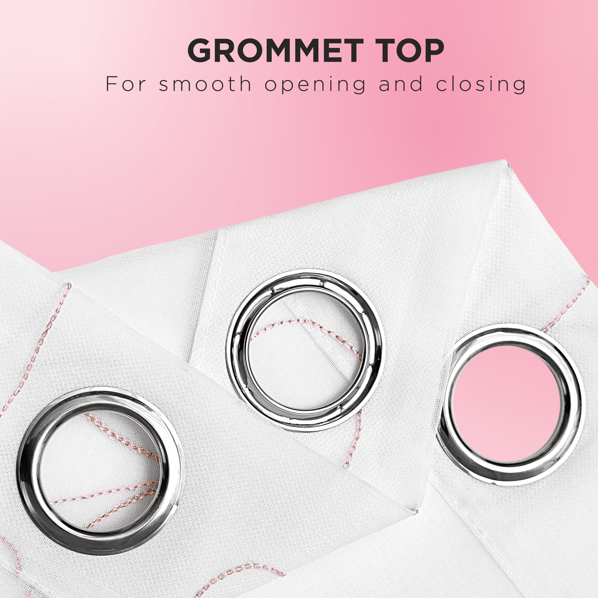 Two white Vertical Bow Ribbon Sheer Window Curtains with large silver grommets overlap on a pink background. Text above reads, Grommet top for smooth opening and closing—add a touch of Juicy Couture style to your sheer panels.