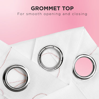 Two white Vertical Bow Ribbon Sheer Window Curtains with large silver grommets overlap on a pink background. Text above reads, Grommet top for smooth opening and closing—add a touch of Juicy Couture style to your sheer panels.