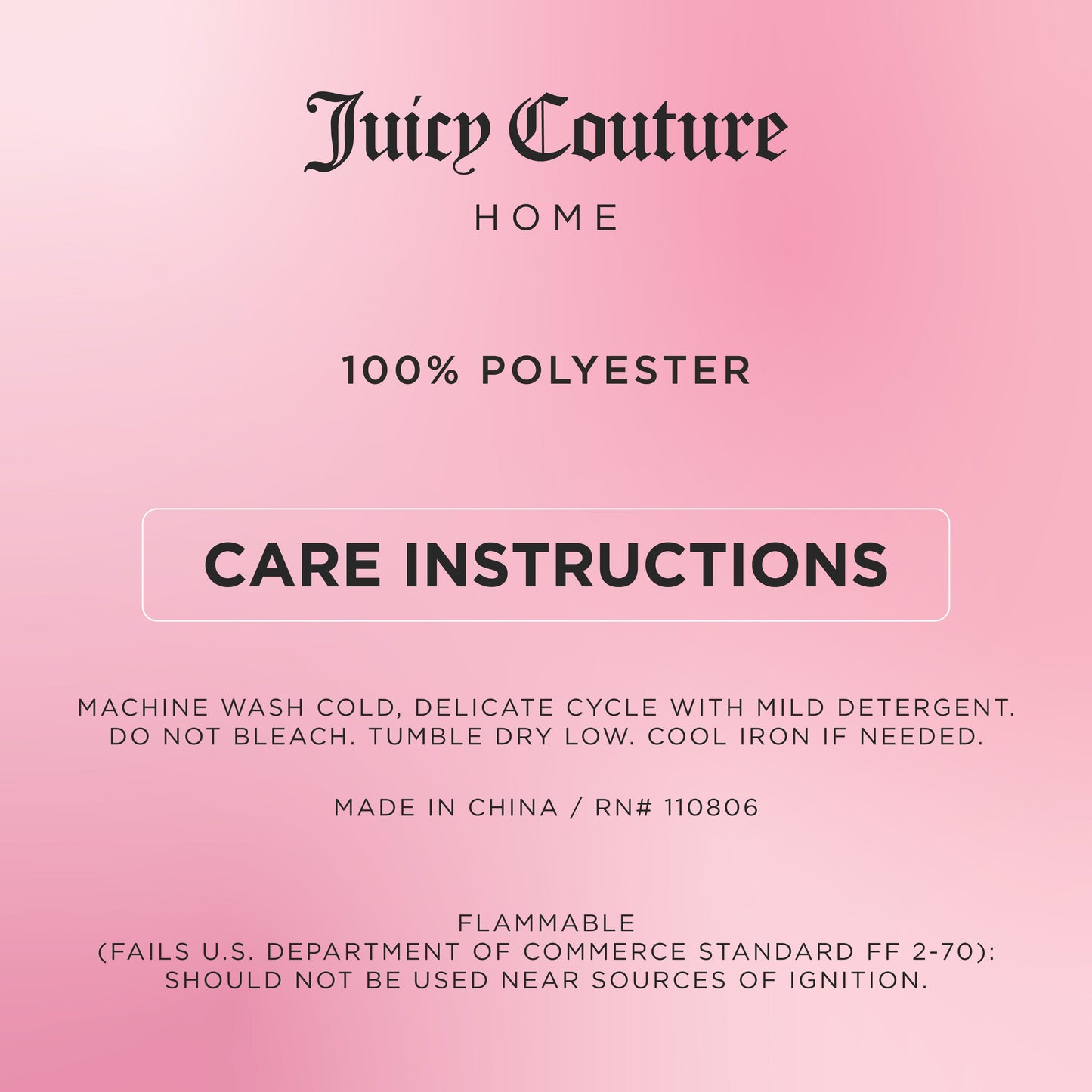 Scallop Diamond Sheer Window Curtain by Juicy Couture Home: 100% polyester, machine wash cold on a delicate cycle, tumble dry low, do not bleach, and cool iron if needed. Features a grommet header for easy hanging. Flammable warning; made in China. Pink background.