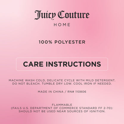 Scallop Diamond Sheer Window Curtain by Juicy Couture Home: 100% polyester, machine wash cold on a delicate cycle, tumble dry low, do not bleach, and cool iron if needed. Features a grommet header for easy hanging. Flammable warning; made in China. Pink background.