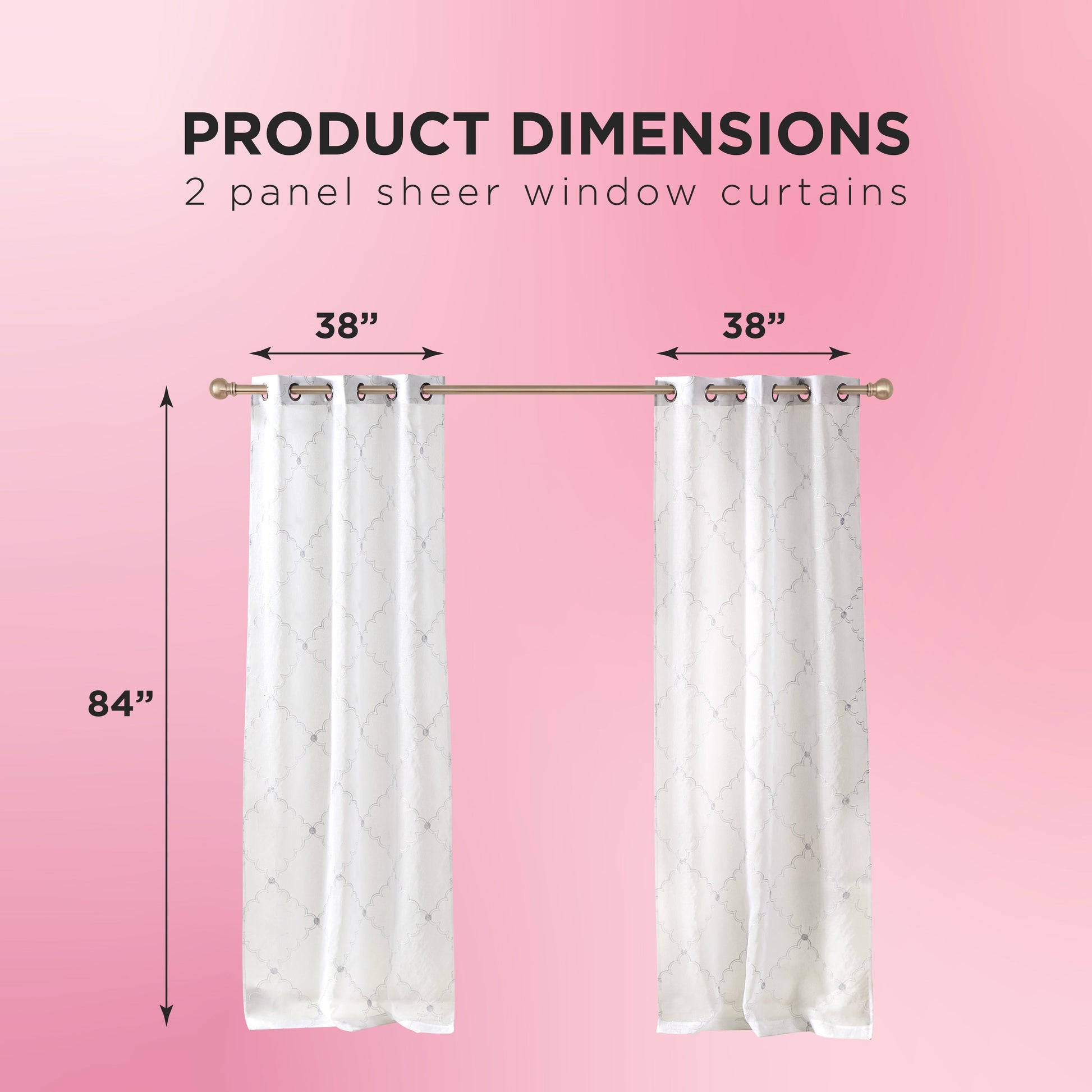 Scallop Diamond Sheer Window Curtains by Juicy Couture, featuring a grommet header and two panels each measuring 38 inches wide by 84 inches long, hang gracefully on a rod against a pink background. Text reads: Product Dimensions - 2 panel sheer window curtains.