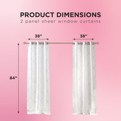Scallop Diamond Sheer Window Curtains by Juicy Couture, featuring a grommet header and two panels each measuring 38 inches wide by 84 inches long, hang gracefully on a rod against a pink background. Text reads: Product Dimensions - 2 panel sheer window curtains.